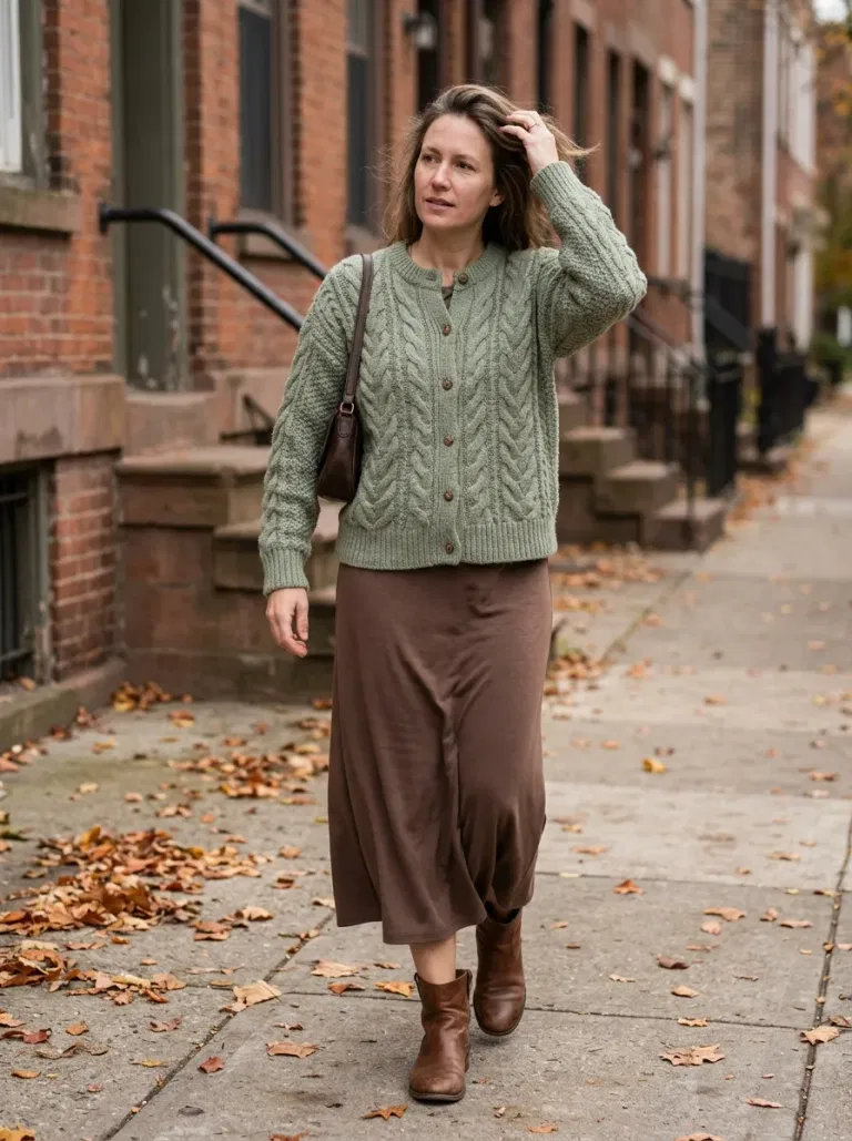 Sage Cable-Knit Cardigan with Brown Jersey Midi Skirt