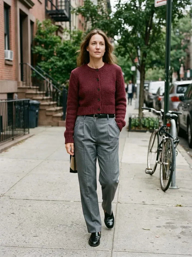 Burgundy Cropped Cardigan with Grey Pleated Trousers