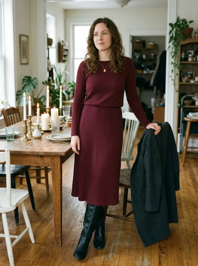 Burgundy Knit Dress with Tall Boots