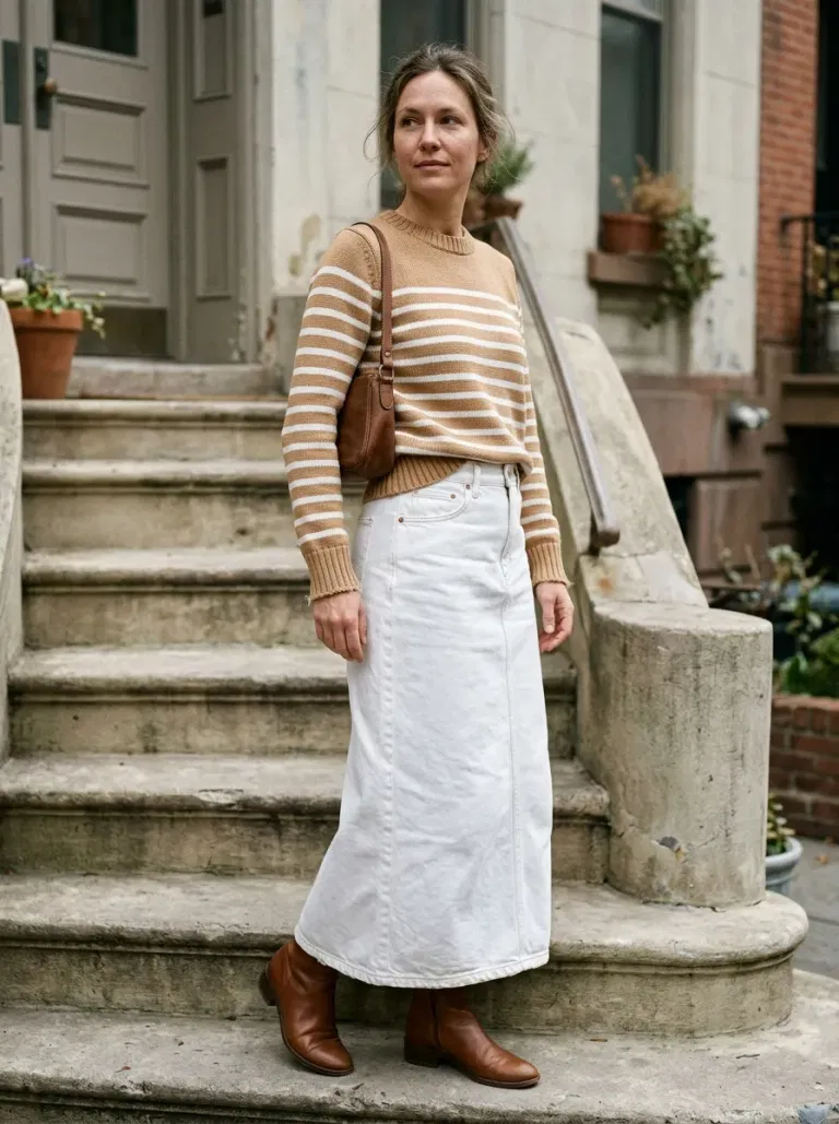 Camel-And-White Striped Cotton Sweater with White Denim Maxi Skirt