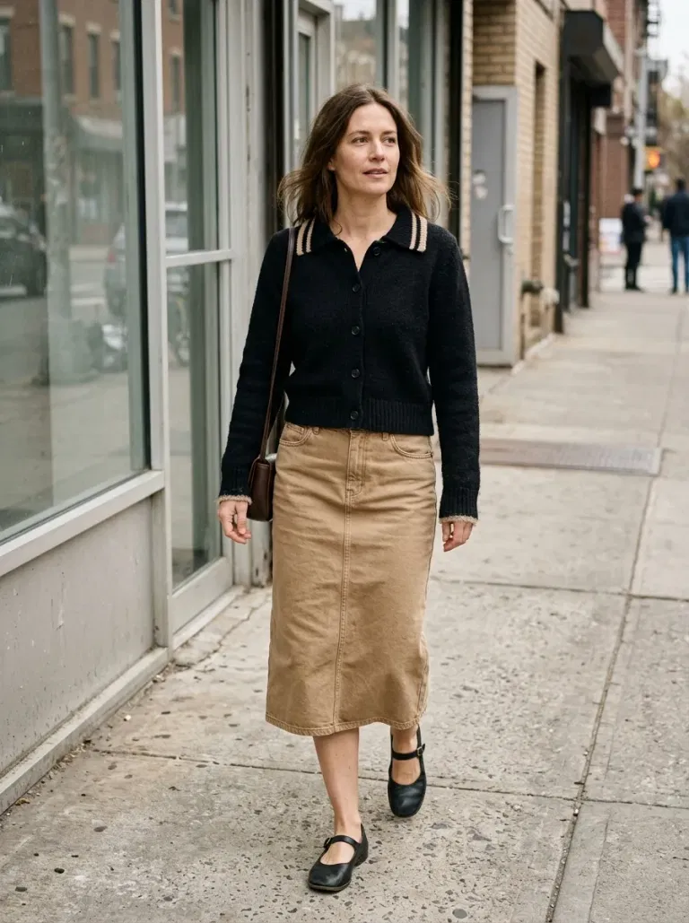Black Cardigan With Beige Collar Stripes with Tan A-Line Denim Skirt