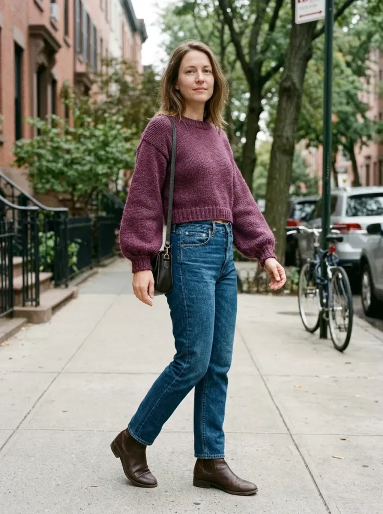 Plum Cropped Balloon-Sleeve Sweater with High-Rise Indigo Tapered Jeans