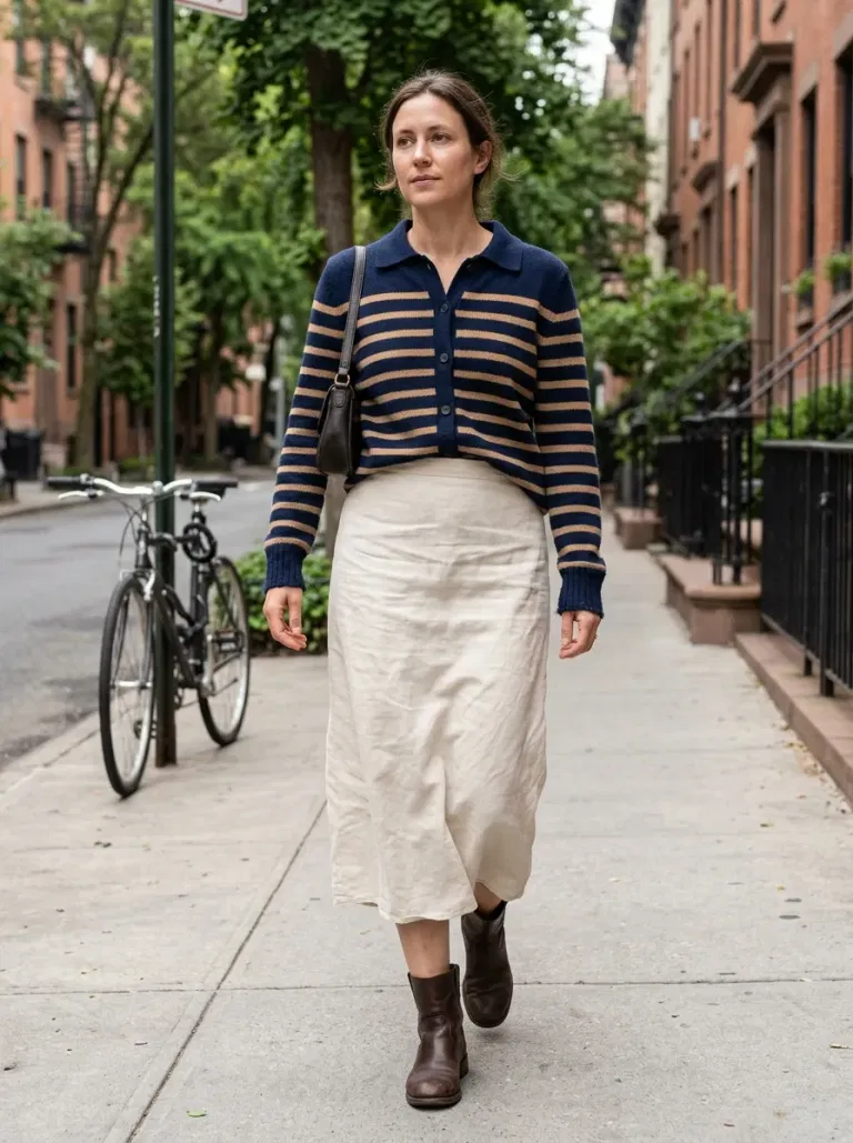 Navy-And-Tan Striped Polo Cardigan with Cream Linen Midi Skirt