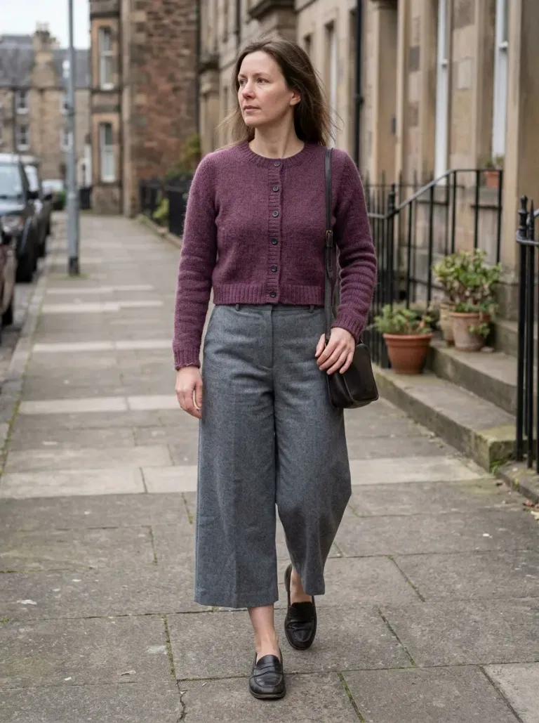 Plum Cropped Knit Cardigan with Grey Wool Culottes