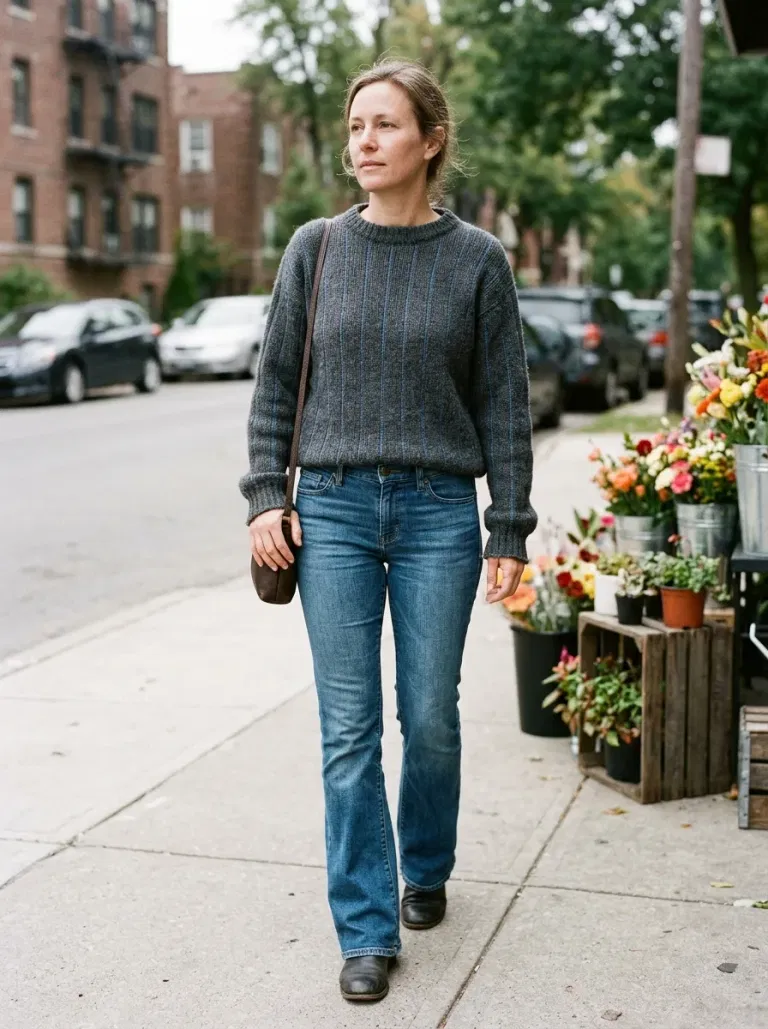 Charcoal Sweater With Blue Pinstripes with Medium-Wash Bootcut Jeans