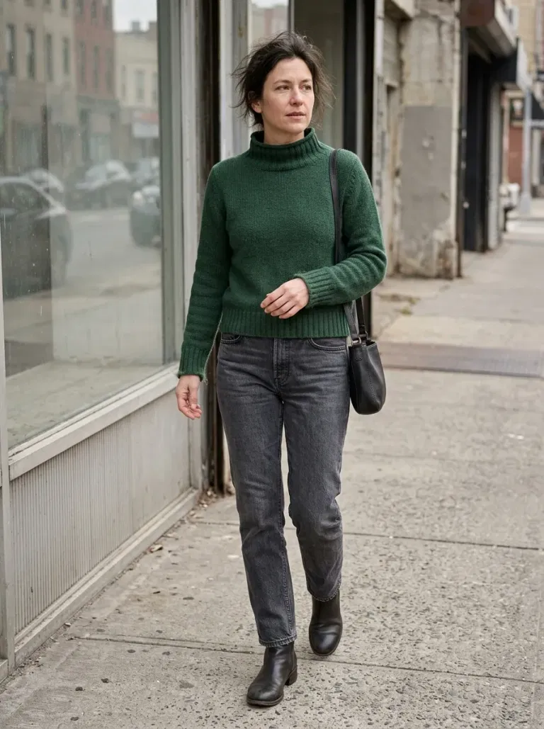 Forest-Green Funnel-Neck Sweater with Dark Grey Straight Jeans