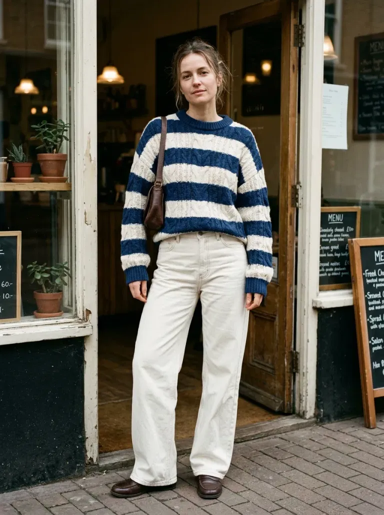 Blue-And-White Striped Cable Sweater with White Wide-Leg Jeans