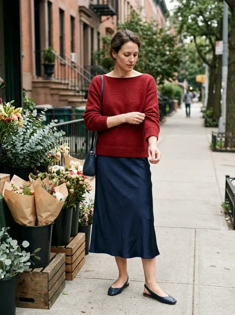 Scarlet Boat-Neck Sweater with Navy Satin Midi Skirt