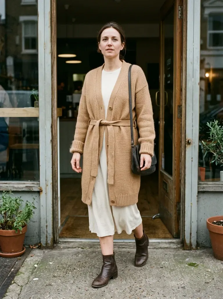 Camel Belted Cardigan with Cream Jersey Midi Dress