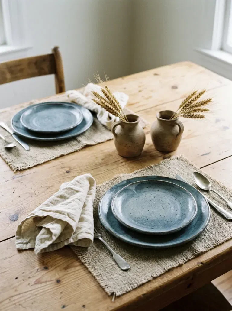 Rustic Blue Stoneware and Dried Wheat