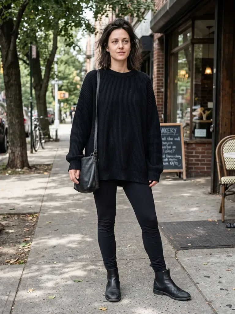 Black Oversized Ribbed Sweater with Black Ponte Leggings