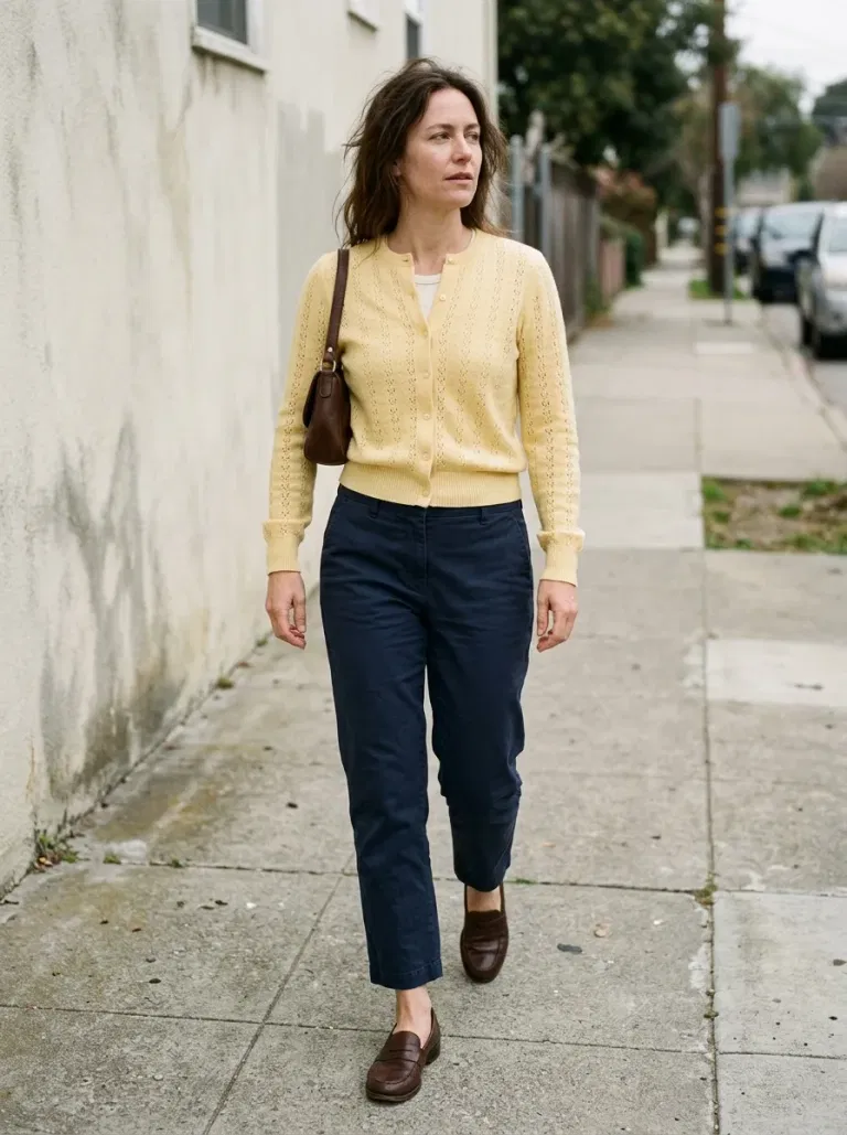 Butter-Yellow Pointelle Cardigan with Navy Ankle Trousers