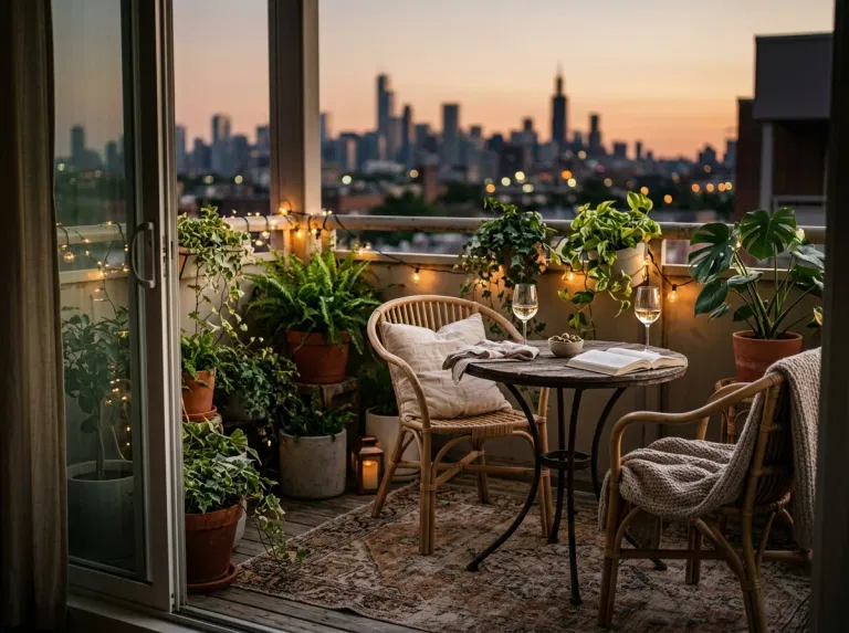 Small city balcony with a bistro table, plants and evening light.