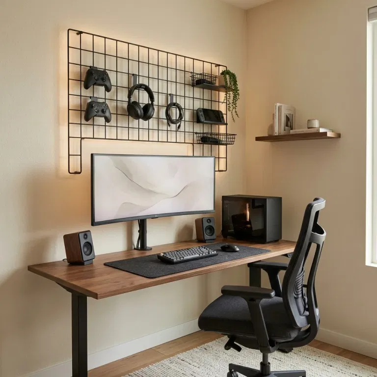 Small gaming desk with a wall grid holding controllers and headsets