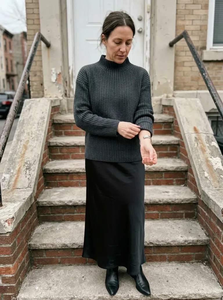 Charcoal Ribbed Mock-Neck Sweater with Black Satin Column Skirt