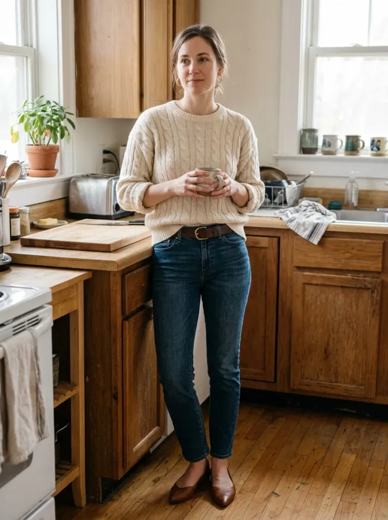 Cream Cable Knit and Espresso Belt