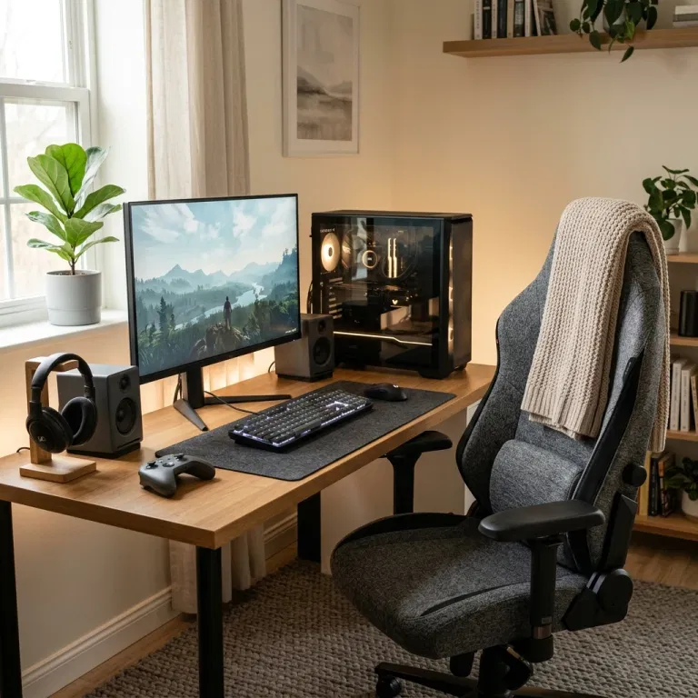 Fabric ergonomic gaming chair draped with a soft knitted throw at a wooden desk