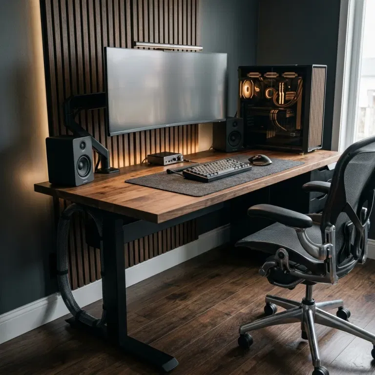 Tidy gaming desk with concealed cables and a braided sleeve beside the rear leg
