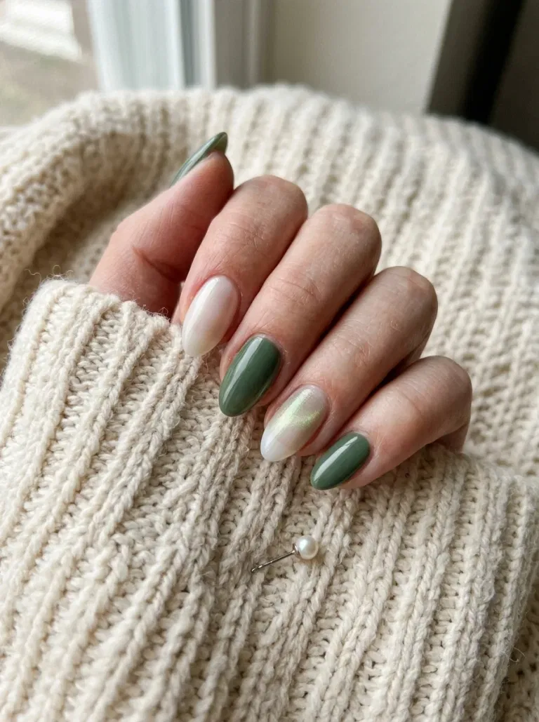 Forest Green and Pearl Skittle nail design