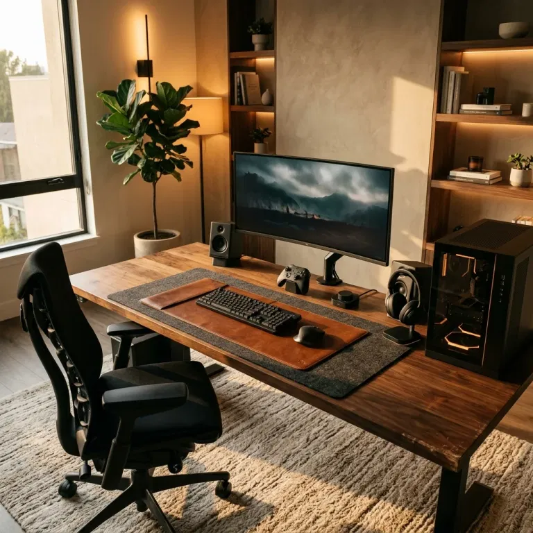 Gaming desk with a brown leather mat layered over a grey felt runner