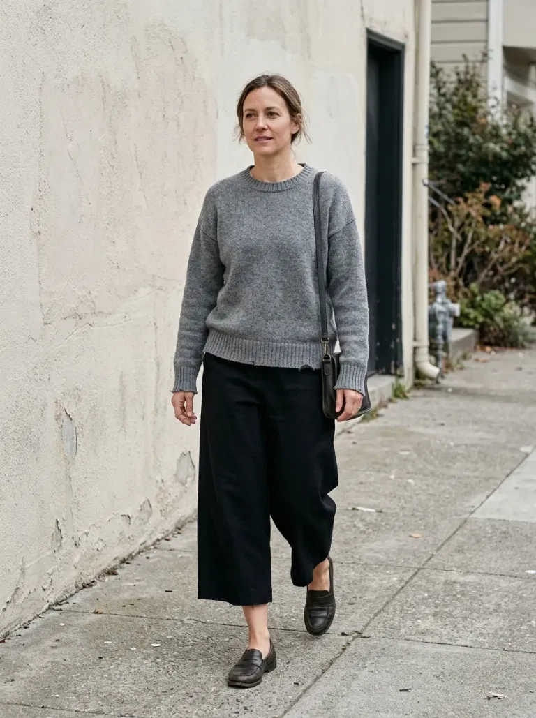 Grey Merino-Style Crewneck Sweater with Black Wool Culottes